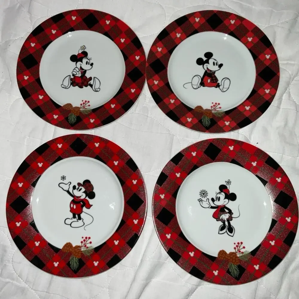 NEW DISNEY MICKEY MINNIE MOUSE RED PLAID SNOWFLAKE 4 APPETIZER PLATES